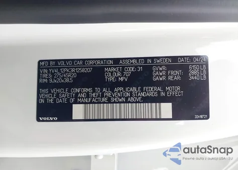 2024 Volvo Xc90 Core из США, поврежденный, VIN YV4L12PK3R1258207